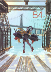  1girl absurdres arms_up asymmetrical_legwear birthday blonde_hair blue_sky bridge cannon commentary_request from_behind headgear highres iowa_(kancolle) kantai_collection lili_(egas4455) long_hair mismatched_legwear mismatched_thighhighs rigging skirt sky solo stretching striped_clothes striped_skirt striped_thighhighs thigh-highs water 