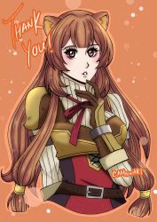  1girl ameowart animal_ear_fluff animal_ears arm_behind_back armor artist_name belt black_dress blunt_bangs breastplate breasts brown_armor brown_belt brown_hair collared_dress commentary commission cropped_torso dress english_commentary eyelashes gauntlets hair_tubes hand_up high_collar highres layered_dress leather_armor long_hair looking_at_viewer medium_breasts metal_arm_cuffs metal_hair_tubes metal_wrist_cuffs neck_ribbon orange_background parted_lips pauldrons pink_lips pinstripe_dress pinstripe_pattern raccoon_ears raccoon_girl raphtalia red_dress red_eyes red_ribbon ribbon shoulder_armor single_pauldron solo straight_hair tanuki tate_no_yuusha_no_nariagari thank_you two-tone_dress upper_body watermark white_dress 