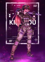  1girl absurdres ammunition_pouch belt black_background blonde_hair boots chainsaw_man combat_helmet english_text fyugins_png gloves gradient_background hammer helmet highres holding holding_hammer holding_weapon horns knee_pads long_hair military military_uniform pouch power_(chainsaw_man) purple_background russo-ukrainian_war solo standing wagner_group weapon yellow_eyes 