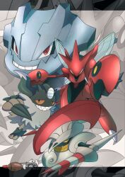  bug claws coin colored_sclera colored_skin commentary_request escavalier gold grey_fur highres horns insect_wings koban_(gold) lance metal_skin no32_0025 no_humans orange_eyes perrserker pincers plume pokemon pokemon_(creature) pokemon_focus polearm red_eyes red_skin scizor sharp_teeth steel_type_theme_(pokemon) steelix teeth weapon wings yellow_eyes yellow_sclera 