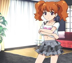  1girl blush brown_hair carpet closed_mouth collarbone commentary_request couch cowboy_shot crossed_arms curtains derivative_work grey_skirt indoors layered_skirt looking_at_viewer miniskirt miyama_reina navel nonzo_323 odaibako plant potted_plant pretty_rhythm pretty_rhythm_dear_my_future pretty_series print_shirt shirt short_sleeves skirt solo standing twintails undressing violet_eyes window 