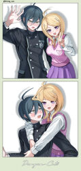  1boy 1girl absurdres ahoge akamatsu_kaede blonde_hair blush collared_shirt commentary_request danganronpa_(series) danganronpa_v3:_killing_harmony green_eyes highres kiring_xox looking_at_another looking_at_viewer open_mouth pleated_skirt purple_skirt saihara_shuichi shirt short_hair skirt v violet_eyes white_shirt 