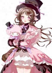  1girl animal_ears arknights black_hat braid braided_hair_rings brown_hair capelet chinese_commentary coat commentary_request commission cowboy_shot eyjafjalla_(arknights) eyjafjalla_(fluffy_little_witch)_(arknights) hair_rings hat highres horns long_hair long_sleeves looking_at_viewer my_melody_(series) my_sweet_piano official_alternate_costume pink_capelet pink_coat pink_eyes sample_watermark sanrio second-party_source sheep sheep_ears sheep_girl sheep_horns shorts smile solo standing top_hat transparent_background watermark white_horns white_shorts xuexiaolu 
