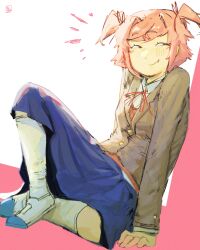  1girl absurdres arm_support artist_logo artist_name blazer blue_skirt brown_jacket doki_doki_literature_club doki_doki_literature_club_school_uniform hair_ornament hair_ribbon half-closed_eyes hfsean2 highres jacket knee_up light_smile logo looking_to_the_side natsuki_(doki_doki_literature_club) notice_lines orange_sweater_vest pink_background pink_eyes pink_hair red_ribbon ribbon school_uniform shirt shoes short_twintails simple_background sitting skirt smirk smug socks solo striped_blush sweater_vest twintails two-tone_background white_background white_shirt white_shoes white_socks 