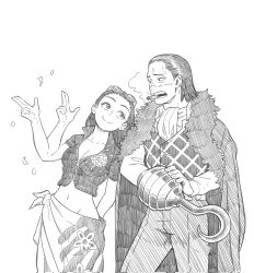  1boy 1girl ascot cigar coat coat_on_shoulders commentary crocodile_(one_piece) cropped_jacket eliottlerner eye_contact eyewear_on_head greyscale hair_slicked_back highres hook_hand looking_at_another midriff monochrome navel nico_robin one_piece petals sarong simple_background smile vest 