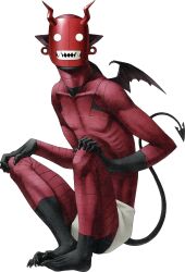  1other barefoot black_feet black_skin bugaboo_(megami_tensei) colored_skin demon_(megami_tensei) demon_tail demon_wings diaper expressionless full_body hands_on_own_knees highres kazuma_kaneko looking_at_viewer mask multicolored_skin no_pupils red_mask red_skin shin_megami_tensei shin_megami_tensei:_strange_journey solo tail teeth wings 