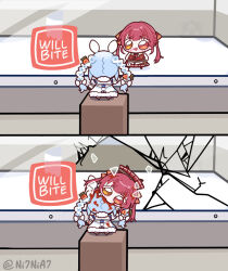  2girls biting blue_hair braid braided_twintails broken_glass chibi chibi_only english_text fang glass hair_ribbon highres hololive houshou_marine houshou_marine_(1st_costume) looking_at_another looking_at_viewer mini_person minigirl multiple_girls ni7nia7 red_hair ribbon sign standing twitter_username usada_pekora usada_pekora_(1st_costume) virtual_youtuber 