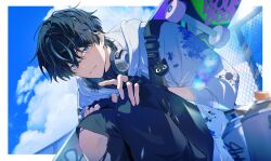  1boy :3 absurdres black_gloves black_hair blue_eyes blue_streaks cat_charm chain-link_fence closed_mouth clouds cloudy_sky crossed_bangs double-parted_bangs duck_ja dutch_angle feet_out_of_frame fence fingerless_gloves fingernails gloves hair_between_eyes hands_on_own_knees headphones headphones_around_neck highres hood hood_down hooded_jacket jacket knees_up kuro_(undays) looking_at_viewer male_focus multicolored_hair outdoors outside_border paint_can pants short_hair skateboard sky solo streaked_hair three-quarter_sleeves torn_clothes torn_pants undays utaite virtual_youtuber white_jacket 