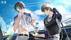  2boys absurdres arm_up baseball_uniform black_hair blue_sky bottle commentary_request day green_eyes heterochromia highres holding holding_bottle jingran_(wuthering_waves) logo looking_at_another male_focus male_rover_(wuthering_waves) multiple_boys navel official_art outdoors rover_(wuthering_waves) sky smile sportswear stomach sweat tacet_mark_(wuthering_waves) toned toned_male water_bottle wuthering_waves yellow_eyes 
