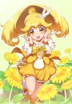  bike_shorts blonde_hair blush boots bow choker cure_peace double_v dress hair_ornament kise_yayoi long_hair magical_girl mousoup ponytail precure shorts_under_skirt smile smile_precure! solo v wrist_cuffs yellow_dress yellow_eyes 
