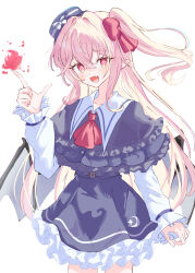  1girl blue_capelet blue_hat blue_skirt blush bow capelet cowboy_shot crescent_print diamond-shaped_pupils diamond_(shape) double-parted_bangs frilled_capelet frilled_skirt frilled_sleeves frills hair_between_eyes hair_bow hair_intakes hand_up hat hat_bow highres l_hand long_hair long_sidelocks long_sleeves looking_at_viewer lower_teeth_only magic mini_hat miniskirt neck_ribbon one_side_up open_mouth original petticoat pink_eyes pink_hair pointy_ears red_bow red_ribbon reinoni ribbon shirt sidelocks simple_background skirt solo symbol-shaped_pupils teeth two-tone_hat very_long_hair white_background white_hat white_shirt white_sleeves wings 
