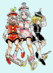  3girls :d black_hat black_shoes black_skirt black_vest blonde_hair blue_background blue_eyes blue_hair blush breasts brown_eyes brown_hair buttons colored_eyelashes commentary_request crescent crescent_hat_ornament frilled_vest_collar frown hand_on_headwear hat hat_ornament highres instrument keyboard_(instrument) kneehighs knees large_breasts lunasa_prismriver lyrica_prismriver merlin_prismriver morisshii_(morishiey) multiple_girls pink_hat pink_shoes pink_skirt pink_vest red_hat red_shoes red_shorts red_vest shirt shoes shooting_star_hat_ornament short_hair shorts skirt small_breasts smile socks sun_hat_ornament teeth touhou trumpet upper_teeth_only vest violin white_shirt white_socks yellow_eyes 