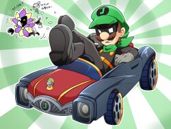  1girl 2boys black_mask black_overalls black_shirt car commentary_request dark_persona dimentio disembodied_hand domino_mask evil_grin evil_smile eye_mask facial_hair flying furrowed_brow glasses gloves green_background grey_car grey_gloves grin hair_bun hat highres jester_cap looking_at_viewer mask masquerade_mask megitti motion_lines motor_vehicle mouth_visible_through_hair mr._l multiple_boys mustache nastasia on_car overalls paper_mario_(series) reclining shirt smile solo_focus steering_wheel sunburst sunburst_background super_mario_bros. super_paper_mario sweatdrop triangle_mouth two-tone_background two-tone_capelet vehicle_request white_background 