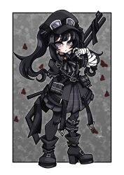  1girl absurdres ammunition_pouch arm_belt asymmetrical_gloves bandaged_arm bandaged_hand bandages black_choker black_coat black_dress black_gloves black_hair black_hat black_pantyhose black_ribbon black_shoes border bug butterfly choker closed_mouth coat collared_dress dress full_body gloves goggles goggles_on_headwear grey_eyes gun hair_ornament hat highres kurobe_nanoka leg_belt long_hair looking_at_viewer mahou_shoujo_no_majo_saiban neck_ribbon pantyhose plaid_clothes plaid_dress pouch red_butterfly ribbon rifle shoes signature solo to_kkt724 twintails weapon white_border 