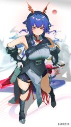  1girl absurdres arknights baozha_agong bare_shoulders black_boots black_dress black_shorts black_sleeves boots breasts brown_horns ch'en_(arknights) ch'en_the_dawnstreak_(arknights) chinese_commentary closed_mouth commentary_request crossed_bangs detached_sleeves dress fingerless_gloves full_body gloves highres horns knee_boots large_breasts light_blush long_hair looking_at_viewer pink_eyes purple_hair purple_tail red_sun shorts shorts_under_dress single_fingerless_glove sleeveless sleeveless_dress solo standing sword tail thigh_strap weapon white_gloves 