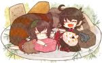 :3 animal_ears asymmetrical_wings bad_id black_hair brown_hair chibi closed_eyes eyes_closed fang food futatsuiwa_mamizou glasses happy highres houjuu_nue leaf leaf_on_head lying multiple_girls open_mouth pince-nez plate raccoon_ears raccoon_tail ringetsumon sitting sweets tail touhou wings