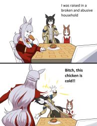  3girls absurdres aged_down animal_ears black_hair brown_eyes brown_hair chicken_(food) coat commentary domestic_violence english_commentary english_text food gold_ship_(umamusume) grey_hair heladomagnum highres horse_ears horse_girl horse_tail long_hair multicolored_hair multiple_girls point_flag_(racehorse) scared slapping stay_gold_(umamusume) streaked_hair tail umamusume violet_eyes yellow_coat 