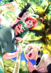  3girls :3 :d antenna_hair aqua_eyes artist_name ball baseball_(object) black_shoes black_socks black_undershirt blonde_hair blue_necktie blush breasts butterfly_on_hair carrying chain-link_fence closed_eyes commentary day fence from_below green_hair hair_between_eyes hair_intakes highres holding holding_ball kangara0117 kimi_no_koto_ga_dai_dai_dai_dai_daisuki_na_100-nin_no_kanojo large_breasts layered_sleeves long_sleeves lower_leg_strap multiple_girls necktie necktie_in_pocket open_mouth outdoors outstretched_legs palms_together raised_inner_eyebrows red_hair shirt shoes short_hair short_over_long_sleeves short_sleeves shoulder_carry size_difference smile socks squirrel sutou_iku teeth tent thick_eyebrows tree upper_teeth_only v-shaped_eyebrows violet_eyes white_shirt yakuzen_kusuri yasashiki_yamame 
