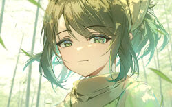  1girl bamboo bamboo_forest colored_lineart commentary_request forest green_eyes green_hair green_shirt hidari_yuuko highres leaf legend_of_mortal looking_at_viewer nature outdoors scarf shirt short_hair smile solo tree wind yu_zhu 