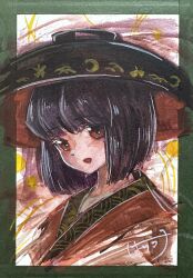  1girl bowl bowl_hat commentary_request harikona hat highres japanese_clothes kimono looking_at_viewer open_mouth painting_(medium) purple_hair red_kimono signature smile solo sukuna_shinmyoumaru touhou traditional_media upper_body watercolor_(medium) 