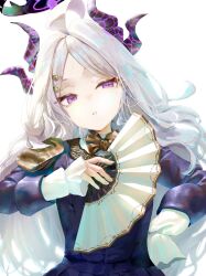  1girl ahoge aoteka black_halo black_horns blue_archive commentary demon_girl demon_horns dress gold_bowtie hair_ornament hairclip halo hand_fan highres hina_(blue_archive) holding holding_fan horns long_hair looking_at_viewer multiple_horns paper_fan parted_bangs purple_dress purple_halo solo upper_body violet_eyes white_hair 