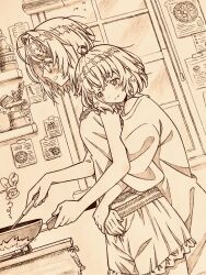  2girls ahoge ange_katrina ange_katrina_(loungewear) blush breasts commentary_request cooking dutch_angle frilled_shorts frills frying_pan glasses graphite_(medium) hair_intakes hair_ornament hairclip hands_on_another's_stomach head_on_another's_shoulder height_difference highres holding holding_frying_pan holding_utensil hug hug_from_behind indoors jar kitchen lace-trimmed_camisole lace_trim long_shirt looking_ahead loungewear magic_circle medium_hair monochrome multiple_girls nail_polish nijisanji noharano open_mouth own_hands_together round_eyewear sasaki_saku sepia shirt shorts small_breasts spot_color t-shirt three-quarter_sleeves traditional_media virtual_youtuber yuri 