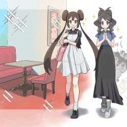  2girls :o alternate_costume asamaru1225 bag black_skirt blue_shirt bright_pupils brown_hair chair commentary_request double_bun dress hair_bun highres hilda_(pokemon) interlocked_fingers long_hair looking_at_viewer multiple_girls musical_note open_mouth own_hands_together pink_bag pokemon pokemon_black_2_and_white_2 pokemon_black_and_white rosa_(pokemon) shirt shoes short_sleeves sidelocks skirt sneakers socks sparkle standing table twintails white_pupils 