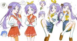  3girls blue_hair blue_skirt bob_cut cellphone cellphone_charm charm_(object) commentary_request flip_phone highres hiiragi_kagami hiiragi_tsukasa izumi_konata keroro keroro_gunsou long_hair lucky_star lunifish multiple_girls phone purple_hair red_skirt ryouou_school_uniform school_uniform skirt twintails very_long_hair 