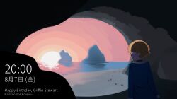  1boy absurdres bad_id beach blonde_hair cave esse_series eyepatch fake_pc_lock_screen fake_screenshot from_behind griffin_stewart highres long_sleeves microsoft_windows mitsudomoe_koubou mixed-language_text ocean official_art outdoors scenery short_hair solo sunset wharariki_beach windows_10 