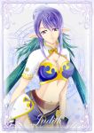  blue_hair breasts character_name cleavage highres judith long_hair midriff navel pointy_ears purlchite purple_eyes smile solo tales_of_(series) tales_of_vesperia twintails violet_eyes 