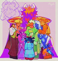  >_< +++ 2girls 2others 4boys 7_colored_flowers_(deltarune) absurdres androgynous animal_ears apron aqua_(deltarune) aqua_skin artist_name asgore_dreemurr asgore_dreemurr_(dark_world) beard black_eyes black_hair black_shoes blonde_hair blue_(deltarune) blue_skin boxing_gloves brown_pants chef_hat closed_eyes closed_mouth collared_shirt colored_skin commentary cowboy cowboy_hat crown deltarune earrings english_commentary facial_hair fang flowery_(deltarune) freckles green_(deltarune) green_apron green_hair green_skin grey_hair hair_over_eyes hat highres horns index_finger_raised jewelry long_hair long_sleeves looking_at_another mihych mole mole_under_eye multiple_boys multiple_girls multiple_others open_mouth orange_(deltarune) orange_hair orange_hat orange_skin pants parted_lips purple_hair purple_skin seth_(deltarune) shirt shoes short_hair skin_fang star_(symbol) star_earrings utdr_(toby_fox) yellow_(deltarune) 