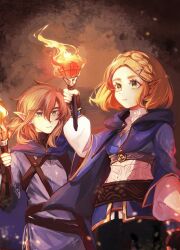  1boy 1girl black_cloak black_gloves black_pants black_sweater blonde_hair blue_eyes blue_shirt braid champion's_tunic_(zelda) cloak commentary crown_braid fingerless_gloves gloves gold_trim green_eyes hair_between_eyes hair_ornament hairclip highres holding holding_torch hood hood_down hooded_cloak layered_sleeves link medium_hair pants parted_bangs pointy_ears ponytail princess_zelda ribbed_sweater shirt short_hair sidelocks sweater the_legend_of_zelda the_legend_of_zelda:_tears_of_the_kingdom tica_tiforzelda torch upper_body 