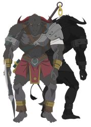  1boy abs animal_ears anime_coloring anklet armlet armor artist_request asterius_(danmachi) axe bandaged_arm bandages belt biceps black_fur body_fur breastplate brown_belt cow_ears cow_horns dungeon_ni_deai_wo_motomeru_no_wa_machigatteiru_darou_ka from_behind full_body gold_anklet gold_bracer holding holding_axe horns jewelry large_pectorals loincloth looking_at_viewer male_focus minotaur monster multiple_views muscular muscular_male official_art pectorals red_eyes red_horns red_loincloth second-party_source simple_background solo standing transparent_background turnaround 