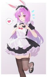  1girl :d absurdres ailu_elf alternate_costume animal_ears apron black_dress blush carrot_hair_ornament commentary_request dress embarrassed enmaided food-themed_hair_ornament garter_straps hair_ornament hair_over_one_eye hands_up heart heart_hands highres long_hair maid maid_apron maid_headdress nervous_smile rabbit_ears rabbit_girl reisen_udongein_inaba short_dress smile solo spoken_heart standing standing_on_one_leg thigh-highs thighs touhou very_long_hair white_apron 