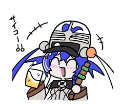  +++ 1girl ^_^ ahoge alcohol beer blue_hair blush chibi closed_eyes commentary cup duel_monster hat holding holding_skewer kewl_tune_cue mori_hayaki multicolored_hair see-through_hat shako_cap skewer smile solo two-tone_hair untranslatable_commentary upper_body white_background white_hair yu-gi-oh! 