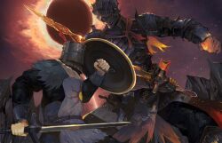  1boy 1other armor brown_sky chainmail clash coiled_sword commentary_request dark_souls_(series) dark_souls_i dark_souls_iii duel eclipse full_armor gauntlets height_difference helm helmet holding holding_shield holding_sword holding_weapon in-franchise_crossover knight mujakki_(erri0qbjmpac1ve) plume shield shoulder_armor sky solaire_of_astora solar_eclipse soul_of_cinder sun_print sun_symbol sword weapon 