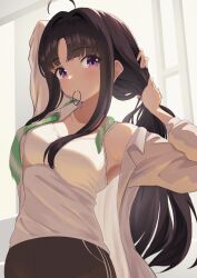  1girl absurdres ahoge awa_subaru black_hair breasts camisole commentary_request girls_band_cry green_necktie hair_tie_in_mouth highres long_hair medium_breasts mouth_hold nanafuku necktie shirt sidelocks solo tying_hair undone_necktie violet_eyes white_camisole white_shirt 