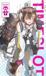  1girl ahoge animal_ear_fluff animal_ears animal_on_head arknights bird bird_on_head black_gloves black_socks boots brown_hair chinese_commentary commentary_request dress feet_out_of_frame freckles gloves grey_dress grey_eyes guo_qiqi hair_between_eyes hand_on_own_leg highres hiking_backpack holding holding_staff leaning_forward long_hair on_head one_eye_closed open_mouth raccoon_ears raccoon_girl raccoon_tail socks staff standing tail thick_eyebrows timeslot_(arknights) white_boots white_sleeves 