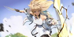  1girl animal_ears arknights arknights:_endfield bird_ears bird_girl black_gloves blonde_hair blue_eyes breasts commentary dress english_commentary gloves highres holding holding_wand jacket long_hair medium_breasts multicolored_gloves outdoors perlica_(arknights) solo two-sided_gloves two-tone_gloves vinoillust wand white_dress white_jacket yellow_gloves 