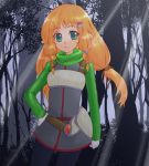  bad_id belt blonde_hair elf facial_mark forest gloves green_eyes hair_ornament hairclip hand_on_hip hips long_hair nature original pointy_ears ribbed_sweater solo sunbeam sunlight sweater tree yuusuke_(1220622) 