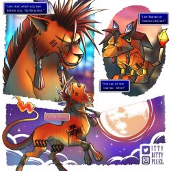 1boy 3d artist_name earrings english_commentary english_text fangs fiery_tail final_fantasy final_fantasy_vii fire furry furry_male highres howling instagram_logo ittybittypixel jewelry male_focus mane moon red_fur red_hair red_xiii scar scar_across_eye scar_on_face tail twitter_logo twitter_username video_game_dialogue_box 