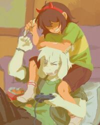  1boy 1other adoptive_siblings aged_down androgynous anger_vein animal_ears aslll_y asriel_dreemurr brown_hair brown_shorts child closed_eyes commentary controller couch deltarune demon_horns english_commentary fake_horns furry furry_male game_controller glasses goat_boy goat_ears green_shirt grin highres holding holding_controller holding_game_controller holding_removed_eyewear horns indoors kris_(deltarune) open_mouth pillow rectangular_eyewear shaded_face shirt short_hair shorts siblings smile socks standing_on_person striped_clothes striped_shirt teeth unworn_eyewear utdr_(toby_fox) white_fur white_socks 