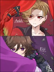  2boys animification ankh_(ooo) braid brown_hair cell_medal character_name closed_mouth commentary_request covered_mouth curtained_hair eyes_visible_through_hair fingernails gauntlets hand_up highres hino_eiji holding jewelry kamen_rider kamen_rider_ooo_(series) kona_(batubunnni) male_focus multiple_boys purple_nails red_eyes ring short_hair single_gauntlet split_mouth spoilers upper_body violet_eyes 