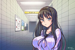  1girl alternate_breast_size_(larger) asagami_private_girls_acadamy_uniform black_hair black_hairband blue_eyes blush breasts ceiling_light commentary_request exit_sign hairband hallway highres indoors isurugiratone large_breasts long_hair long_sleeves looking_at_viewer poster_(object) school_uniform shirt sign solo standing subway_station the_exit_8 tile_floor tile_wall tiles tohno_akiha tsukihime upper_body very_long_hair white_shirt 