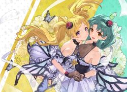  2girls :d asymmetrical_docking bare_shoulders black_gloves blonde_hair blue_dress blue_eyes blue_hair blurry blurry_foreground breast_press breasts brown_eyes bug butterfly butterfly_wings closed_mouth commentary_request curly_hair dress emily_stewart emimatsuouen floating_hair floral_background floral_print flower gloves green_hair grey_gloves hair_ornament halterneck hat highres holding_hands idolmaster idolmaster_million_live! idolmaster_million_live!_theater_days insect_wings interlocked_fingers lace lace_gloves long_hair looking_at_viewer medium_breasts medium_hair mini_hat multiple_girls open_mouth parted_bangs pink_flower pink_rose red_flower rose short_hair sleeveless sleeveless_dress smile tokugawa_matsuri twintails violet_eyes wings 