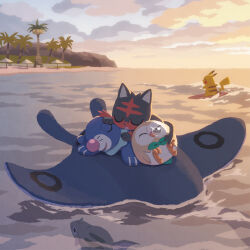  afloat alolan_exeggutor bubble closed_eyes clouds commentary_request highres litten lying mantine ocean official_art outdoors palm_tree pikachu pokemon pokemon_(creature) popplio remoraid riding riding_pokemon rowlet sky sleeping tree twilight u_u water 