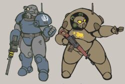  2others ar-15 assault_rifle brotherhood_of_steel_paladin chibi chibi_only clenched_hand commentary enclave_(fallout) enclave_soldier energy_gun english_commentary ethossketches fallout gun helmet laser_rifle multiple_others ncr_trooper pointing power_armor_(fallout) rifle simple_background weapon 