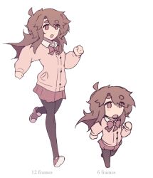 1girl :d :o ahoge animated animated_gif black_pantyhose bow bowtie brown_hair cardigan chibi clenched_hands english_text evi_(iahtruong) eyes_visible_through_hair full_body iahtruong long_hair long_sleeves looking_ahead looping_animation miniskirt multiple_views no_nose no_pupils open_mouth original pantyhose parted_bangs pleated_skirt running school_uniform shoes simple_background skirt smile sneakers thick_eyebrows white_background wing_collar 