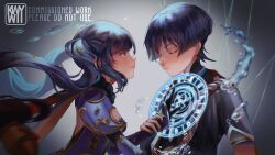  1boy 1girl absurdres arm_at_side artist_name black_gloves black_hair black_kimono black_nails black_sleeves blue_hair blue_sleeves blunt_bangs blunt_ends blurry bodystocking breasts closed_eyes closed_mouth colored_inner_hair commission constellation depth_of_field eyelashes facing_another fingernails from_side genshin_impact gloves gold_trim grey_background grey_eyes hand_on_another's_chest hand_up highres holding_another's_wrist japanese_clothes juban kimono kwy_(kwywii) layered_sleeves leotard long_hair looking_at_another magic_circle mandarin_collar median_furrow mitsudomoe_(shape) mona_(genshin_impact) multicolored_hair open_clothes open_kimono parted_lips ponytail_holder puppet_strings purple_leotard purple_sleeves red_kimono scaramouche_(genshin_impact) scaramouche_(harbinger)_(genshin_impact) short_sleeves sidelocks sideways_mouth signature small_breasts star_(symbol) star_print tomoe_(symbol) tsurime twintails water water_drop watermark white_kimono white_mouth wispy_bangs wolf_cut 