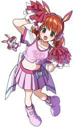  1girl :d animal_ear_hairband animal_ears arm_up bow crop_top fake_animal_ears hair_bow hairband harune_aira highres kokochi_(koko_chi10) looking_at_viewer low_twintails medium_hair midriff miniskirt navel official_alternate_costume official_alternate_hairstyle open_mouth pink_hairband pink_shoes pink_skirt pleated_skirt pom_pom_(cheerleading) pretty_rhythm pretty_rhythm_aurora_dream pretty_series print_shirt rabbit_ear_hairband rabbit_ears red_eyes red_hair shirt shoes short_sleeves simple_background skirt smile socks standing twintails white_background 